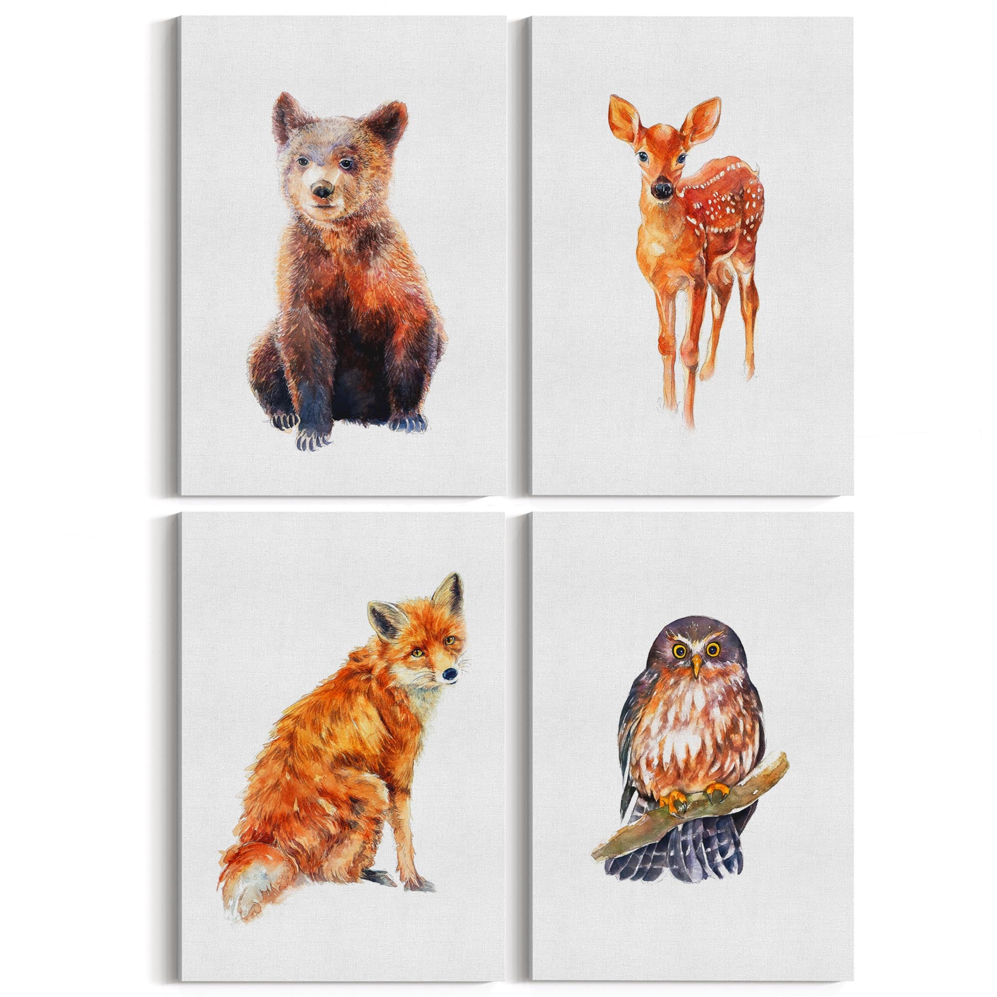 Set of 4 Watercolour Woodland Animal Painting Wall Art