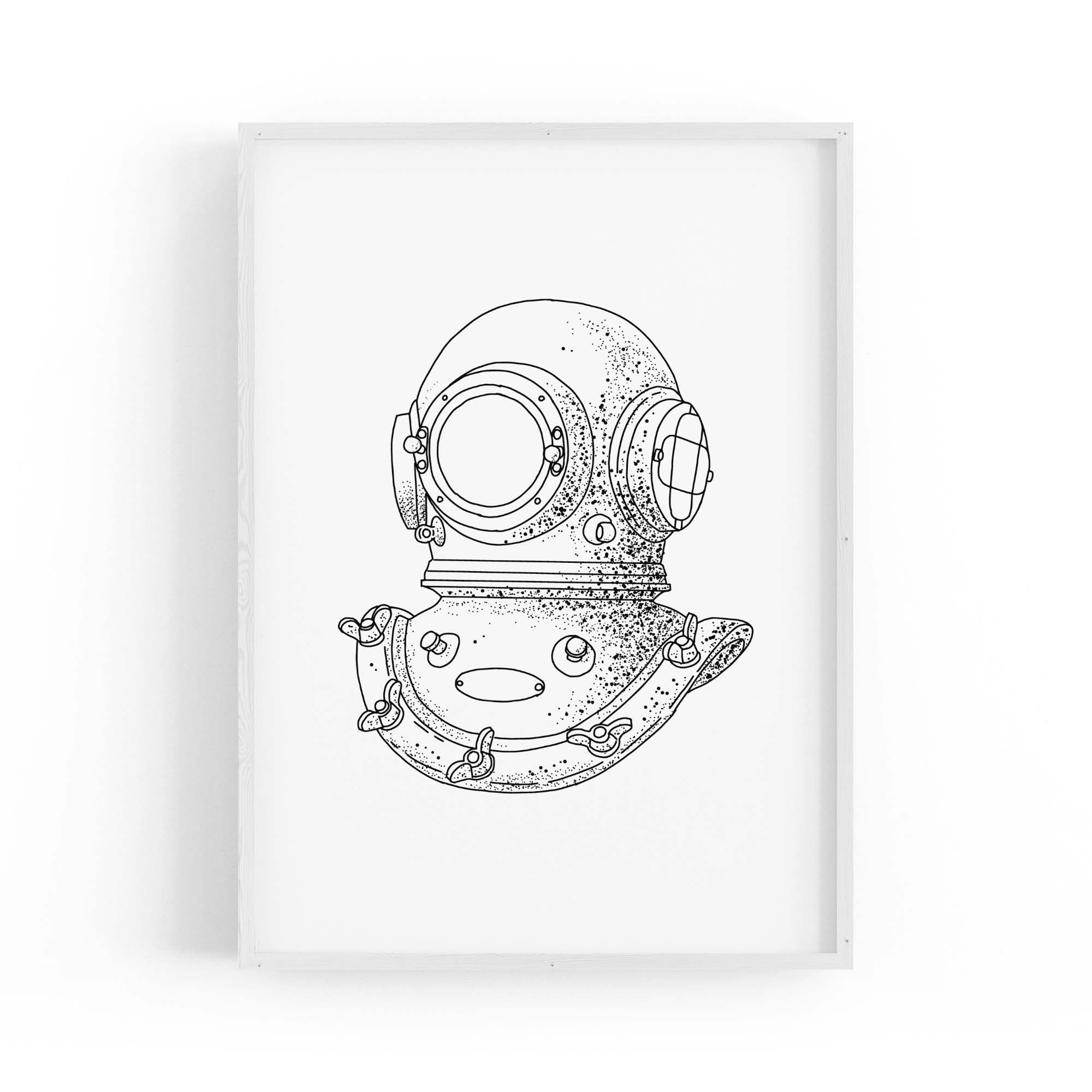 Diving Helmet Drawing Nautical Coastal Wall Art #1