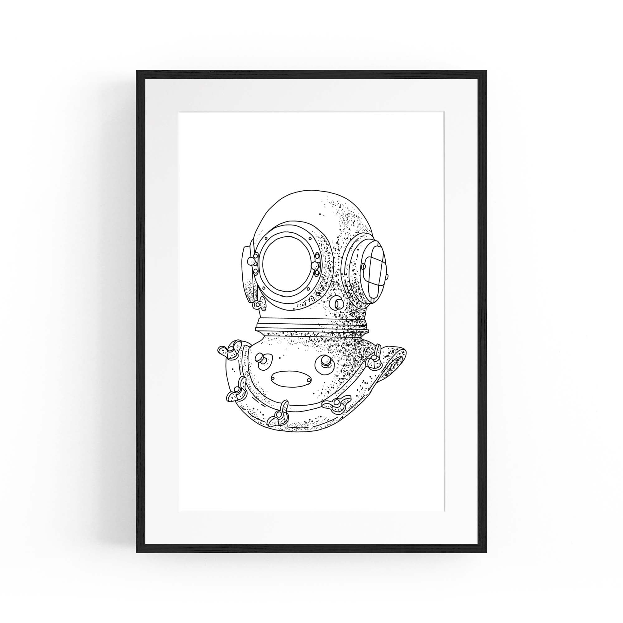 Diving Helmet Drawing Nautical Coastal Wall Art #1