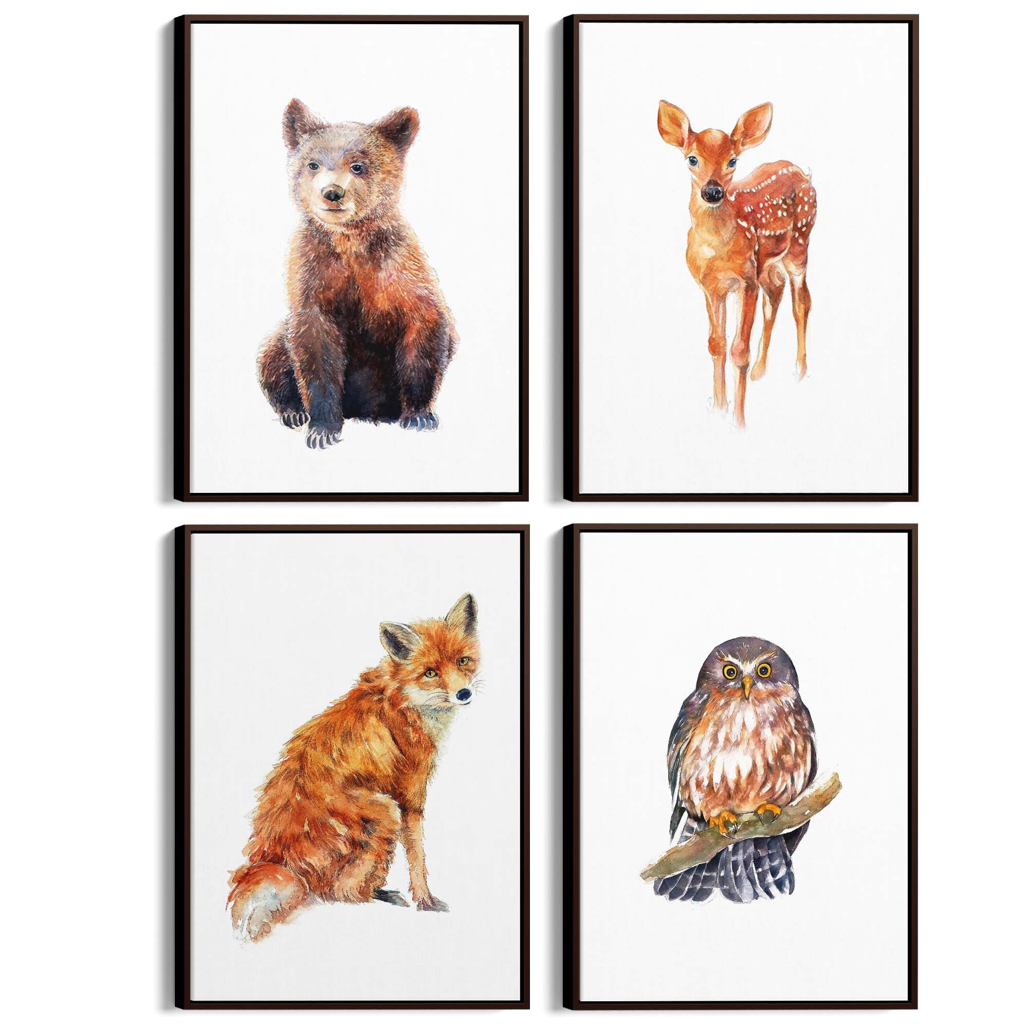 Set of 4 Watercolour Woodland Animal Painting Wall Art