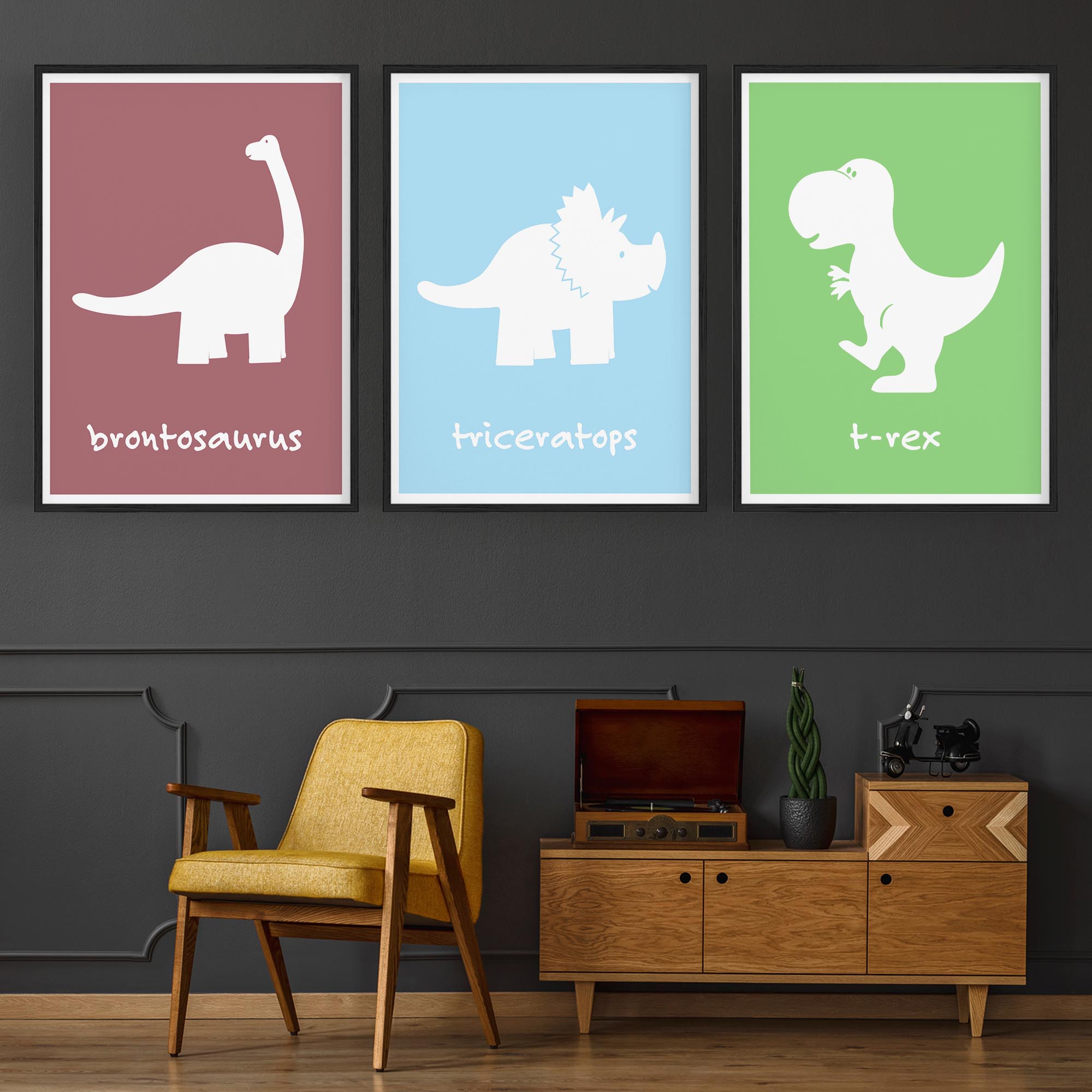 Set of Cartoon Dinosaur Nursery Bedroom Wall Art #2