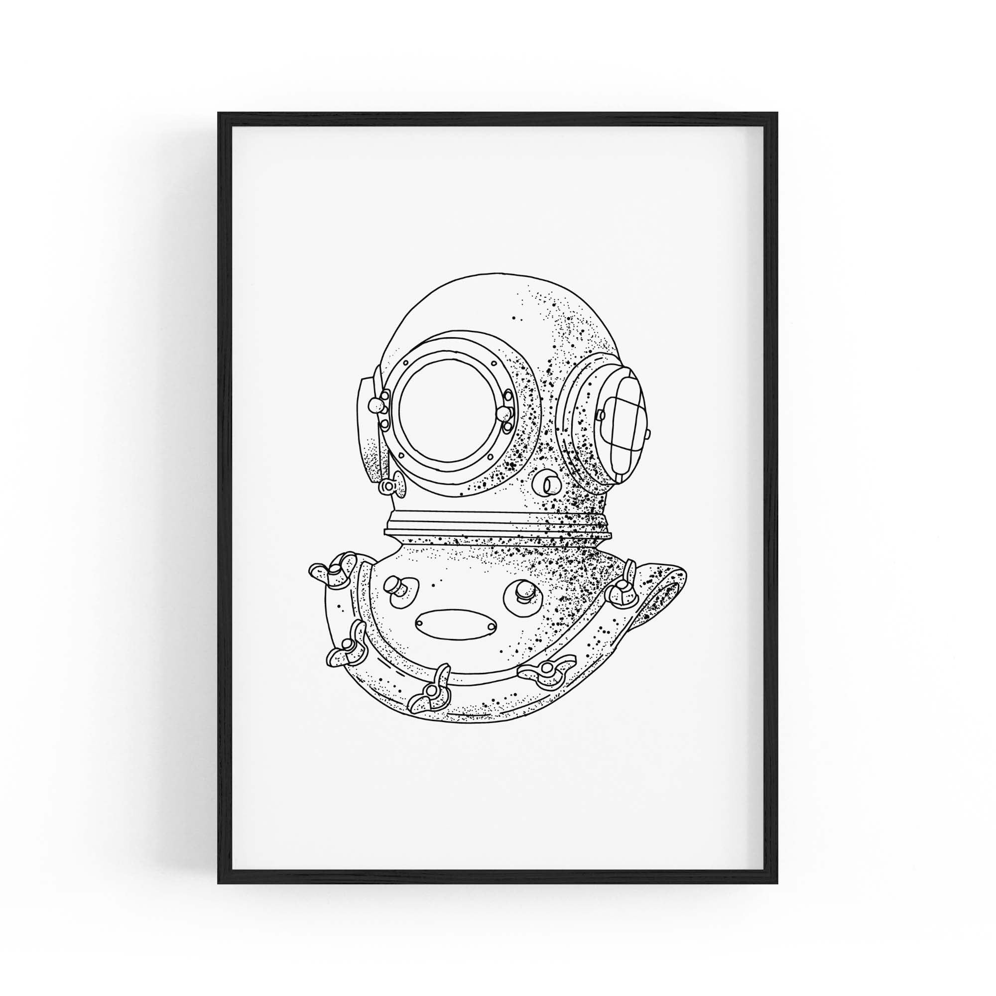 Diving Helmet Drawing Nautical Coastal Wall Art #1