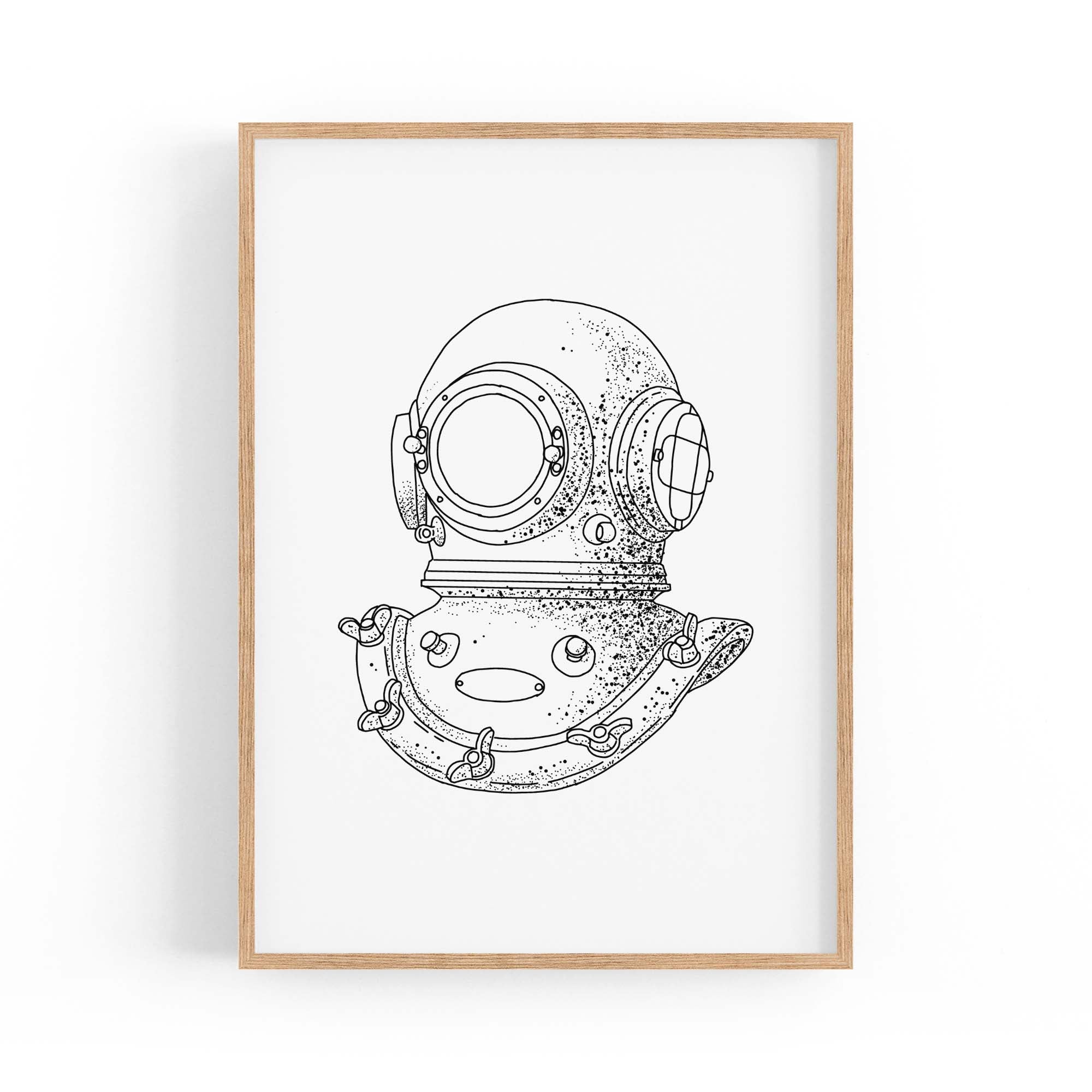 Diving Helmet Drawing Nautical Coastal Wall Art #1