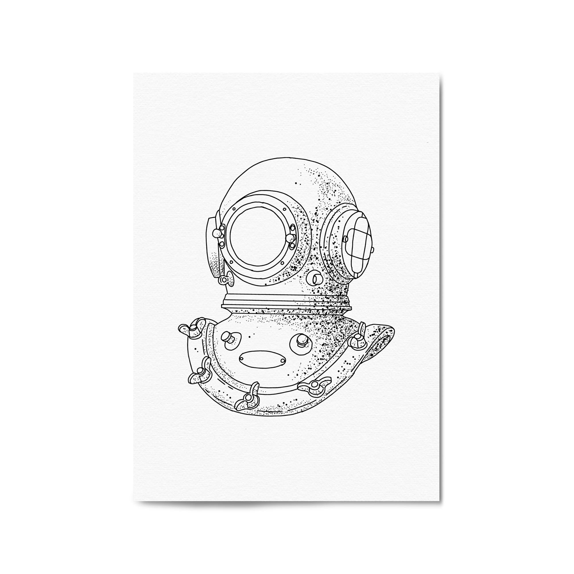 Diving Helmet Drawing Nautical Coastal Wall Art #1