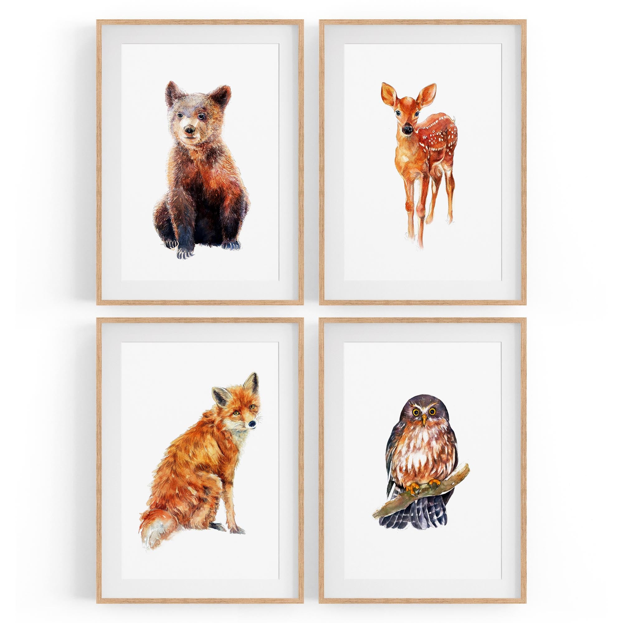 Set of 4 Watercolour Woodland Animal Painting Wall Art