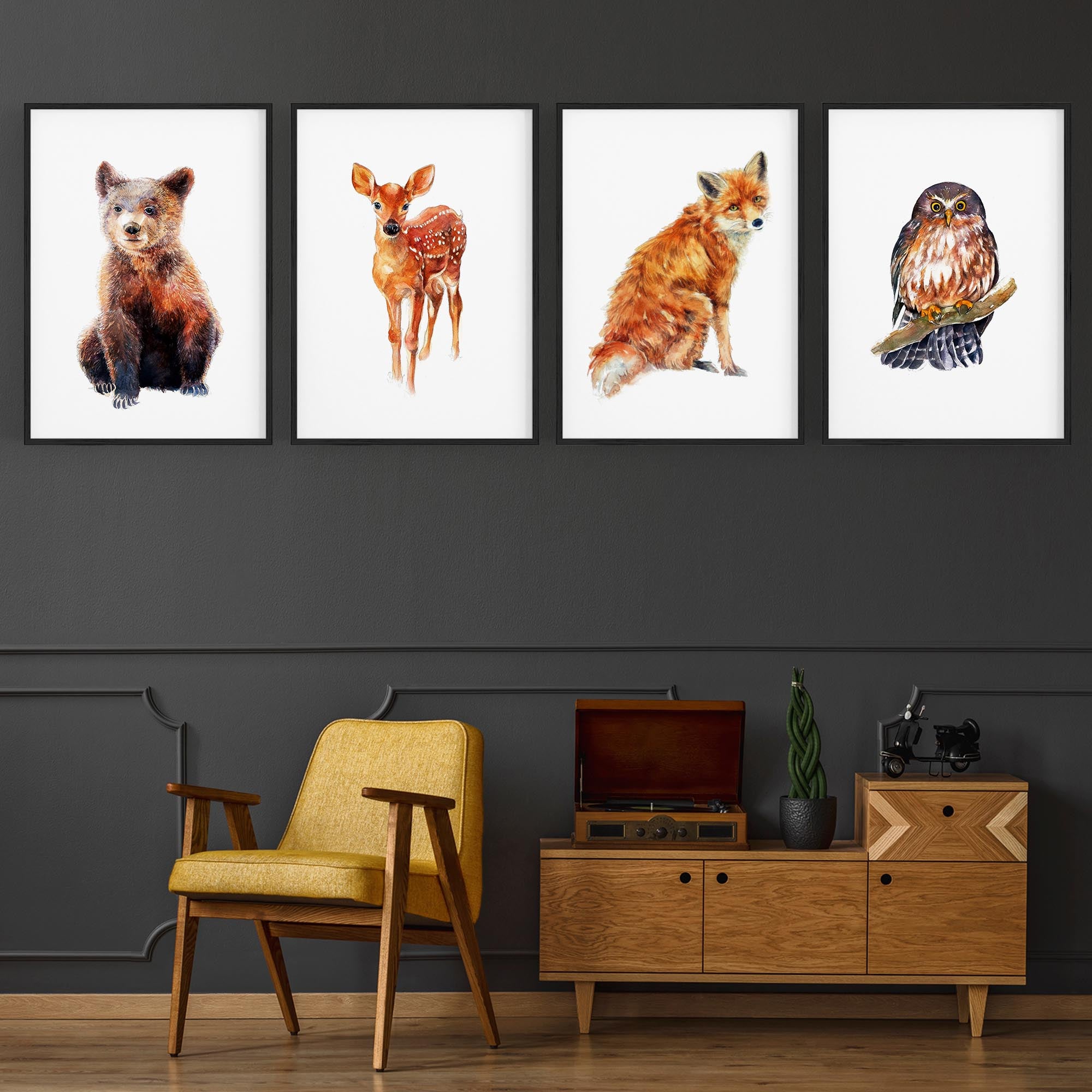Set of 4 Watercolour Woodland Animal Painting Wall Art
