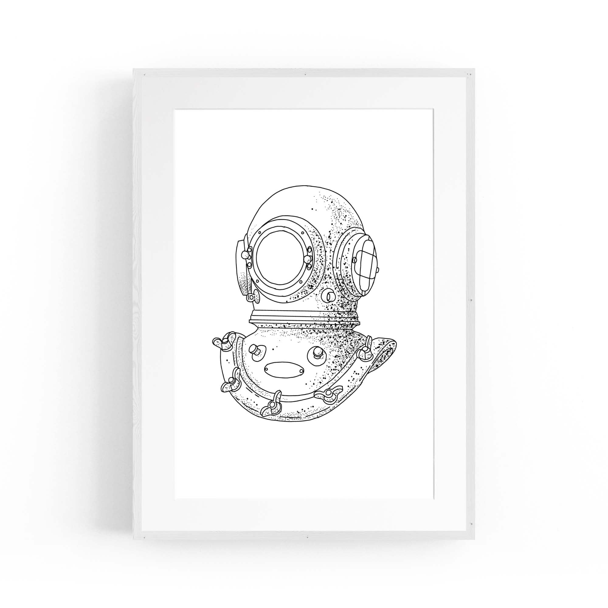 Diving Helmet Drawing Nautical Coastal Wall Art #1