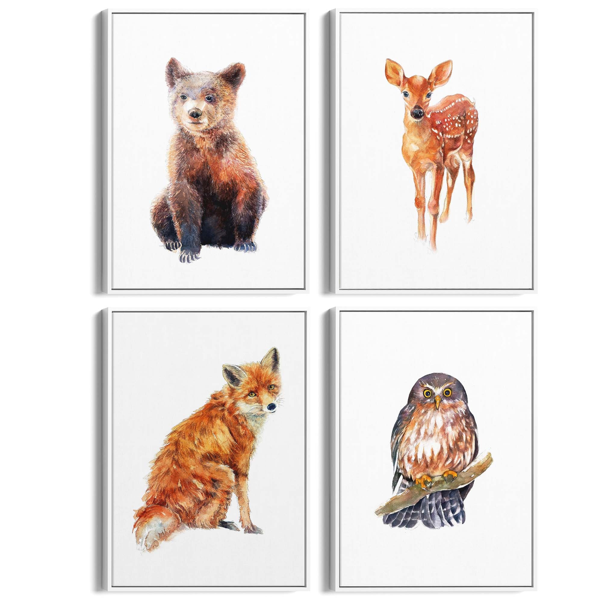 Set of 4 Watercolour Woodland Animal Painting Wall Art