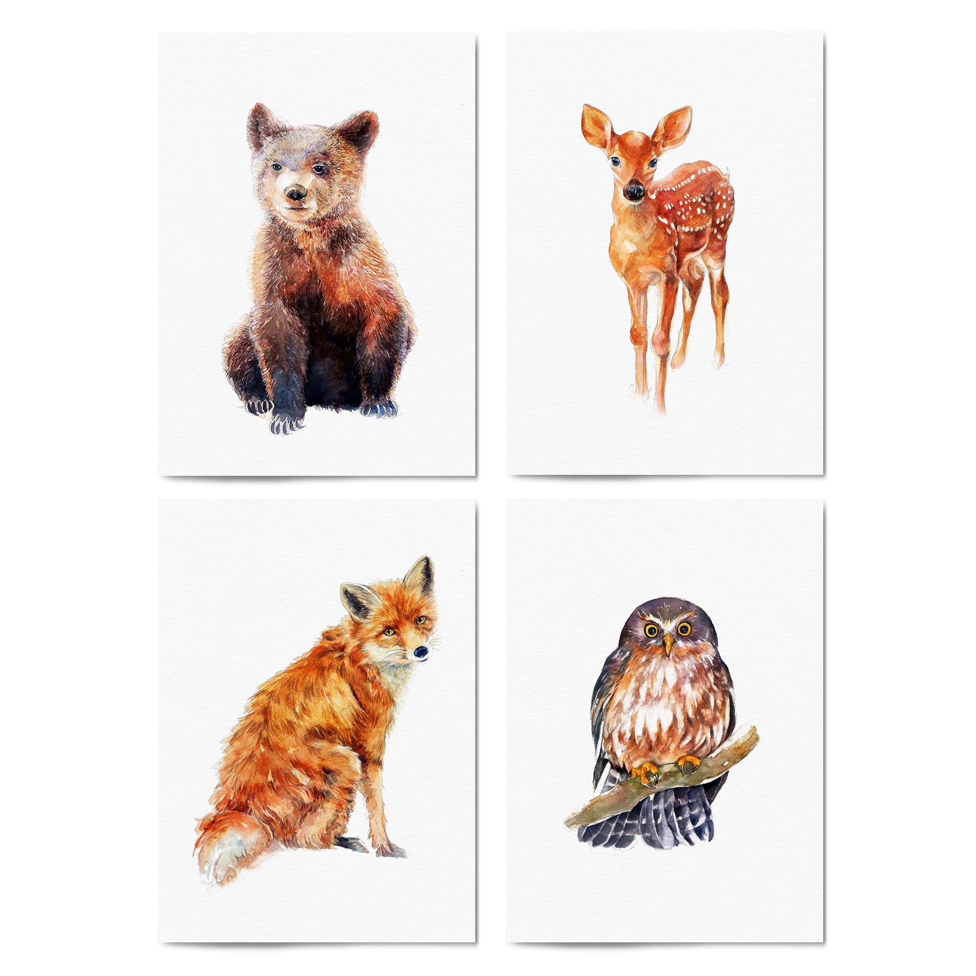 Set of 4 Watercolour Woodland Animal Painting Wall Art