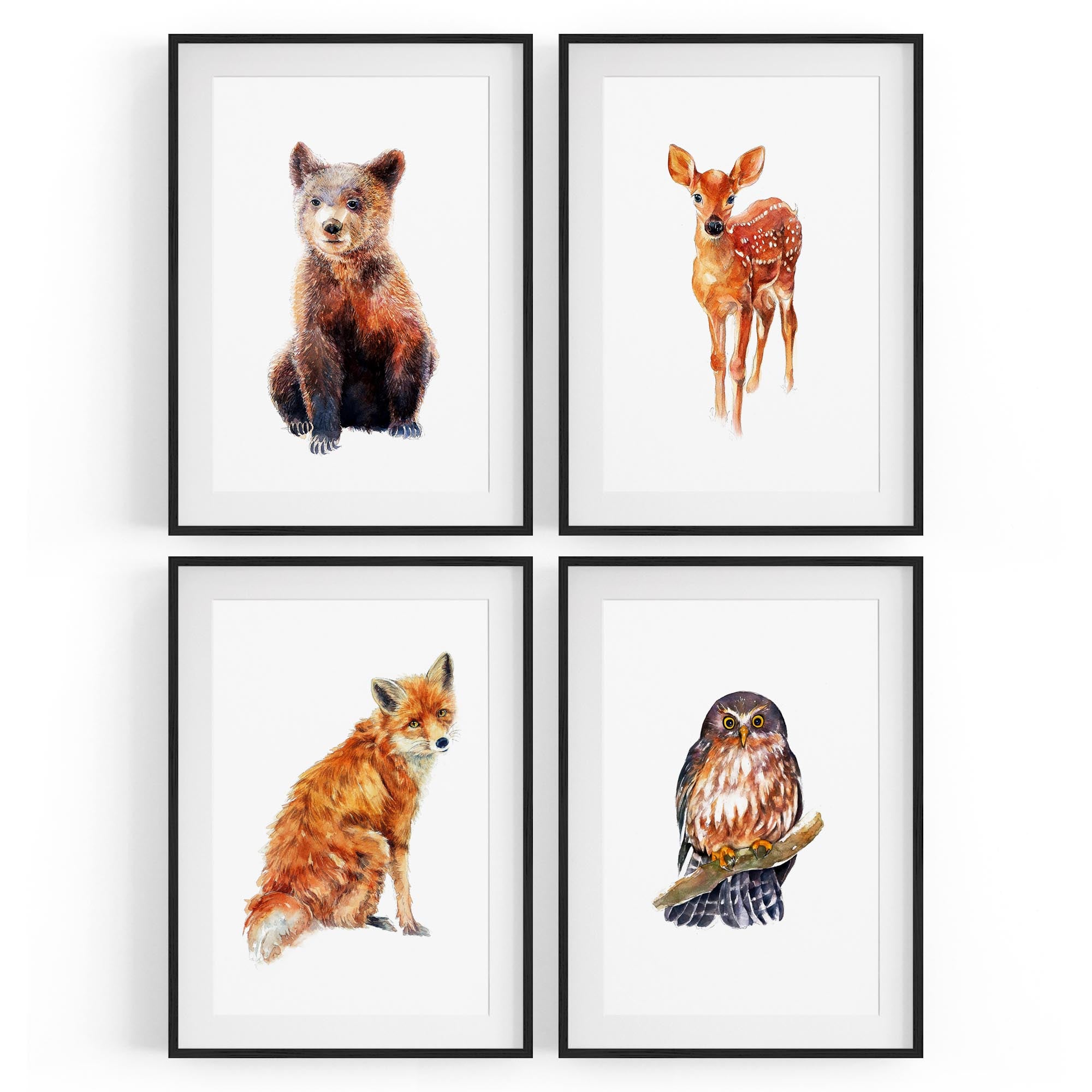 Set of 4 Watercolour Woodland Animal Painting Wall Art