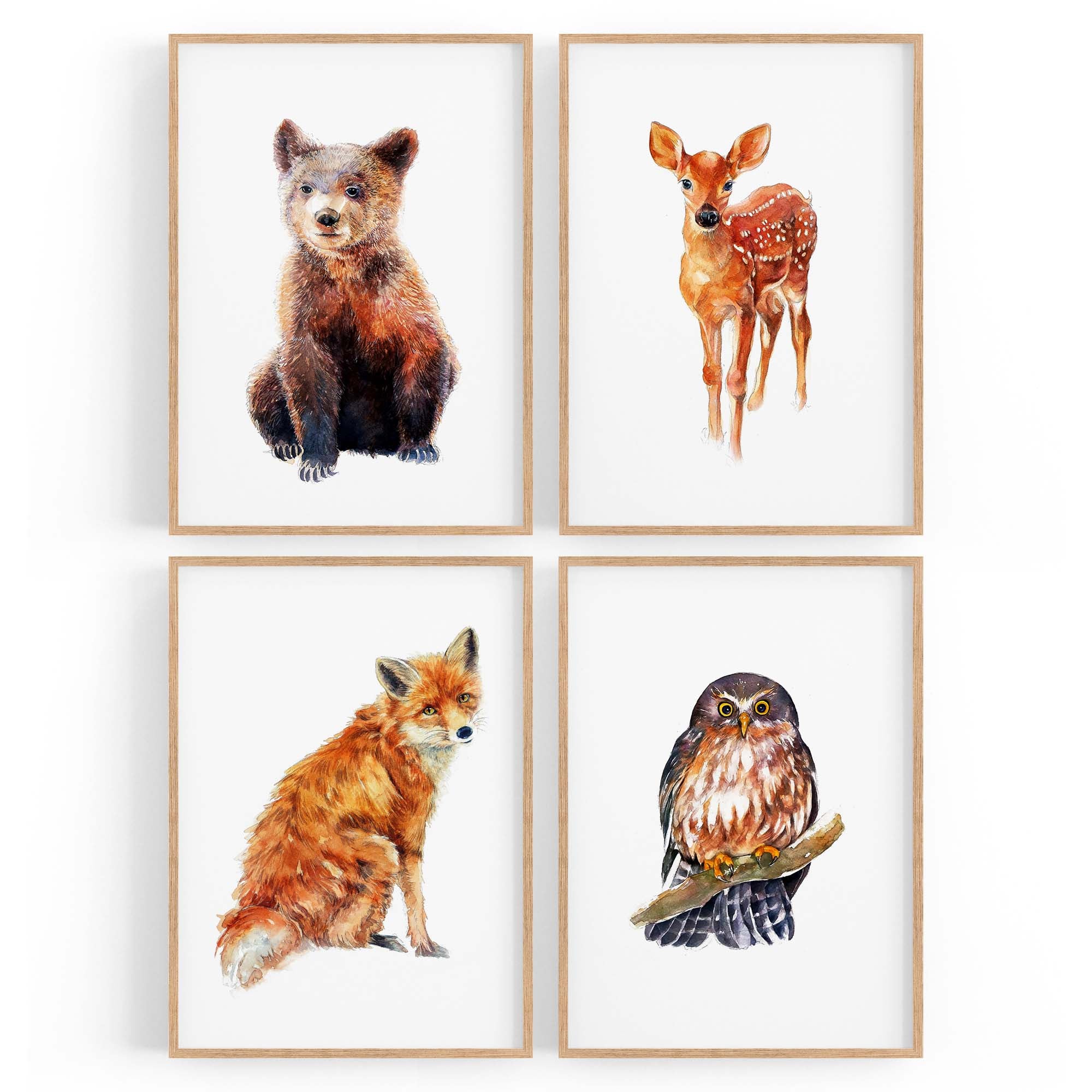 Set of 4 Watercolour Woodland Animal Painting Wall Art