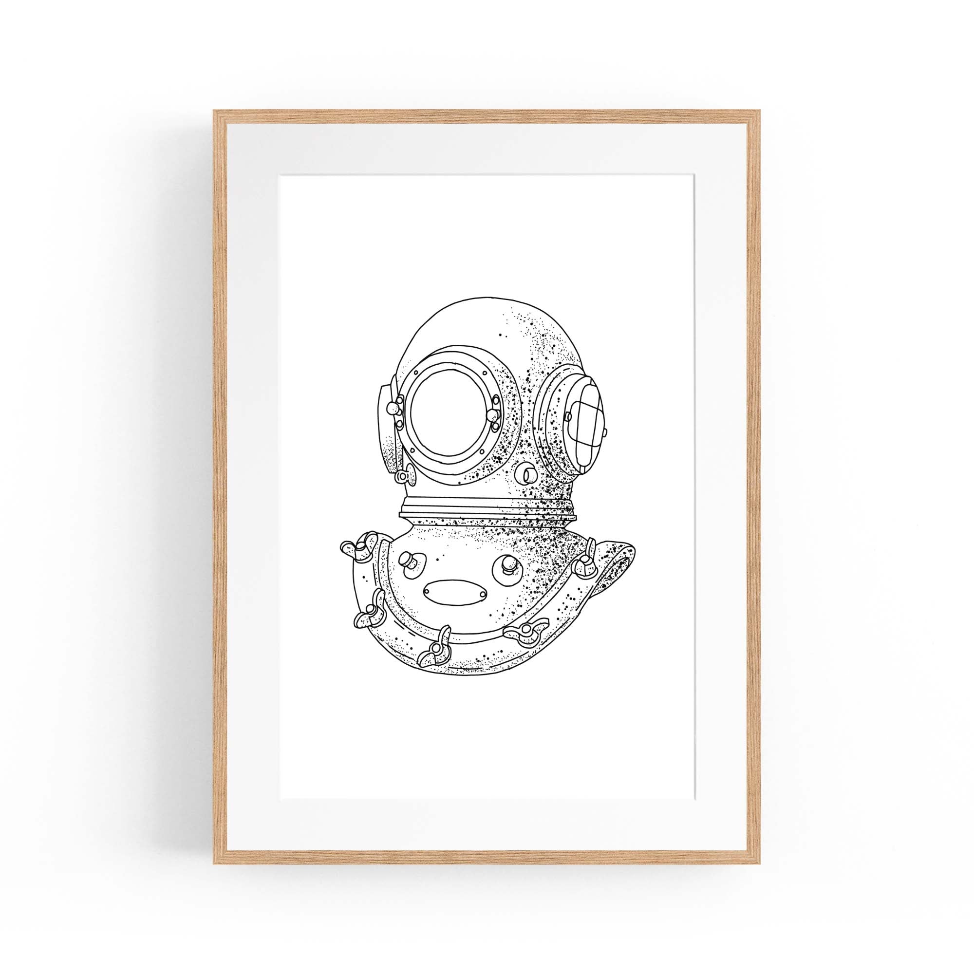 Diving Helmet Drawing Nautical Coastal Wall Art #1